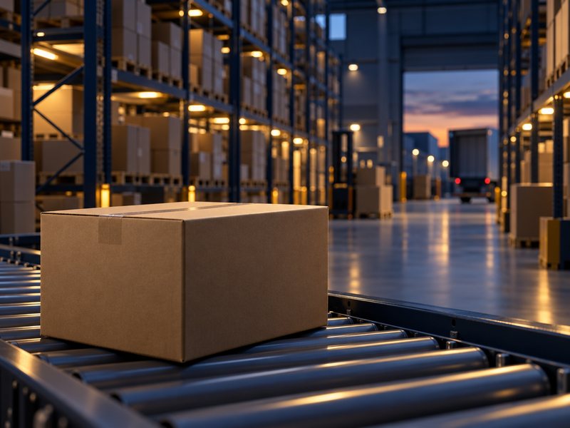 Orderly fulfillment warehouse with stacked cartons